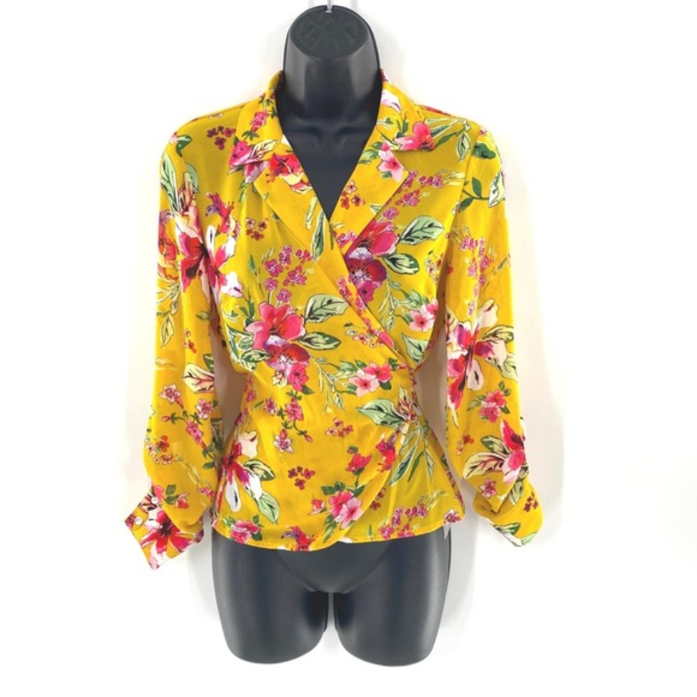 Kut From The Kloth Felicity Floral‎ Print Wrap Top Blouse Yellow Sz XS Roll Tab